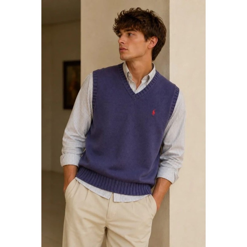 Vintage 90s Polo Ralph Lauren Sweater Vest L Cotton Navy Blue Preppy Old Money